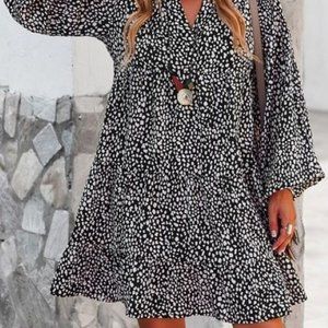 Black & White Tiered V Neck Micro Dot Print Dress